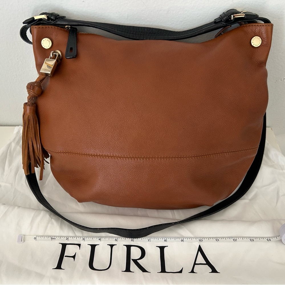 Furla Crossbody Hobo cognac leather / black multi strap gold hardware tassel bag